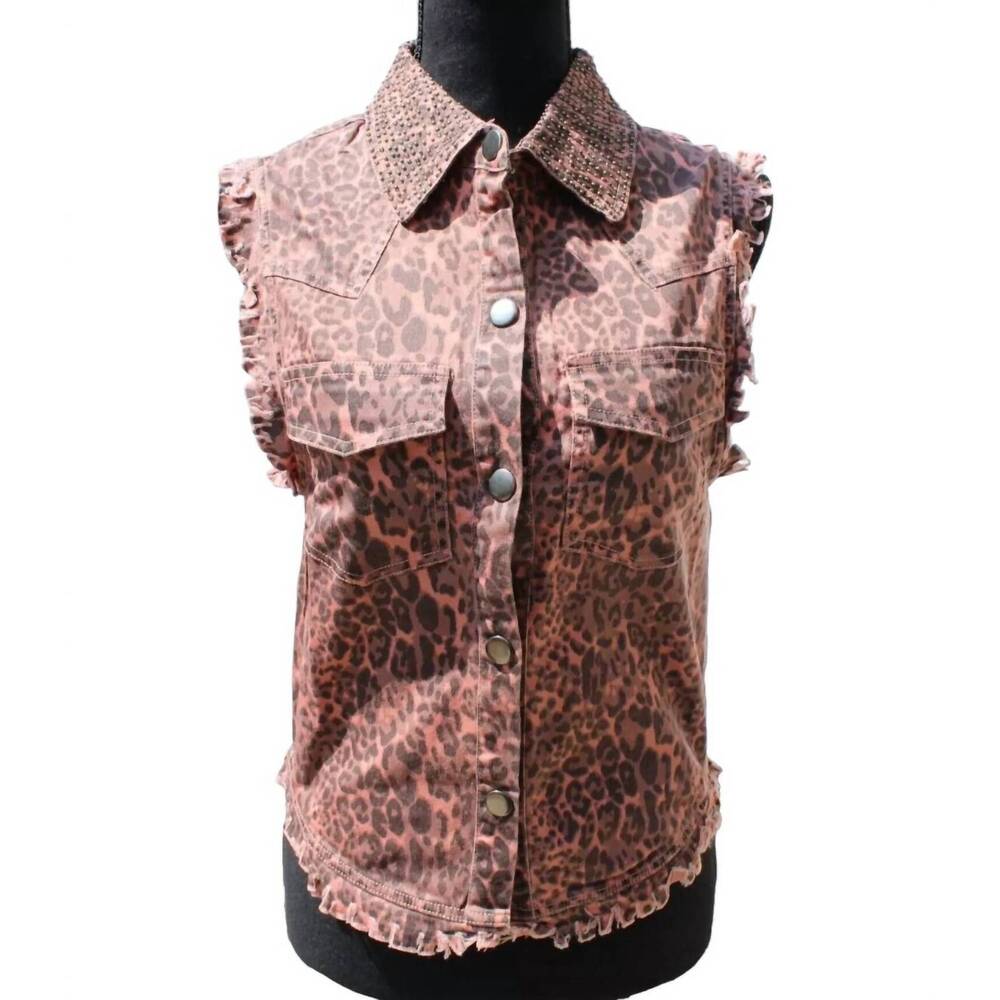 NEW ENGLISH ROSE women's animal print distressed vest in blush/black